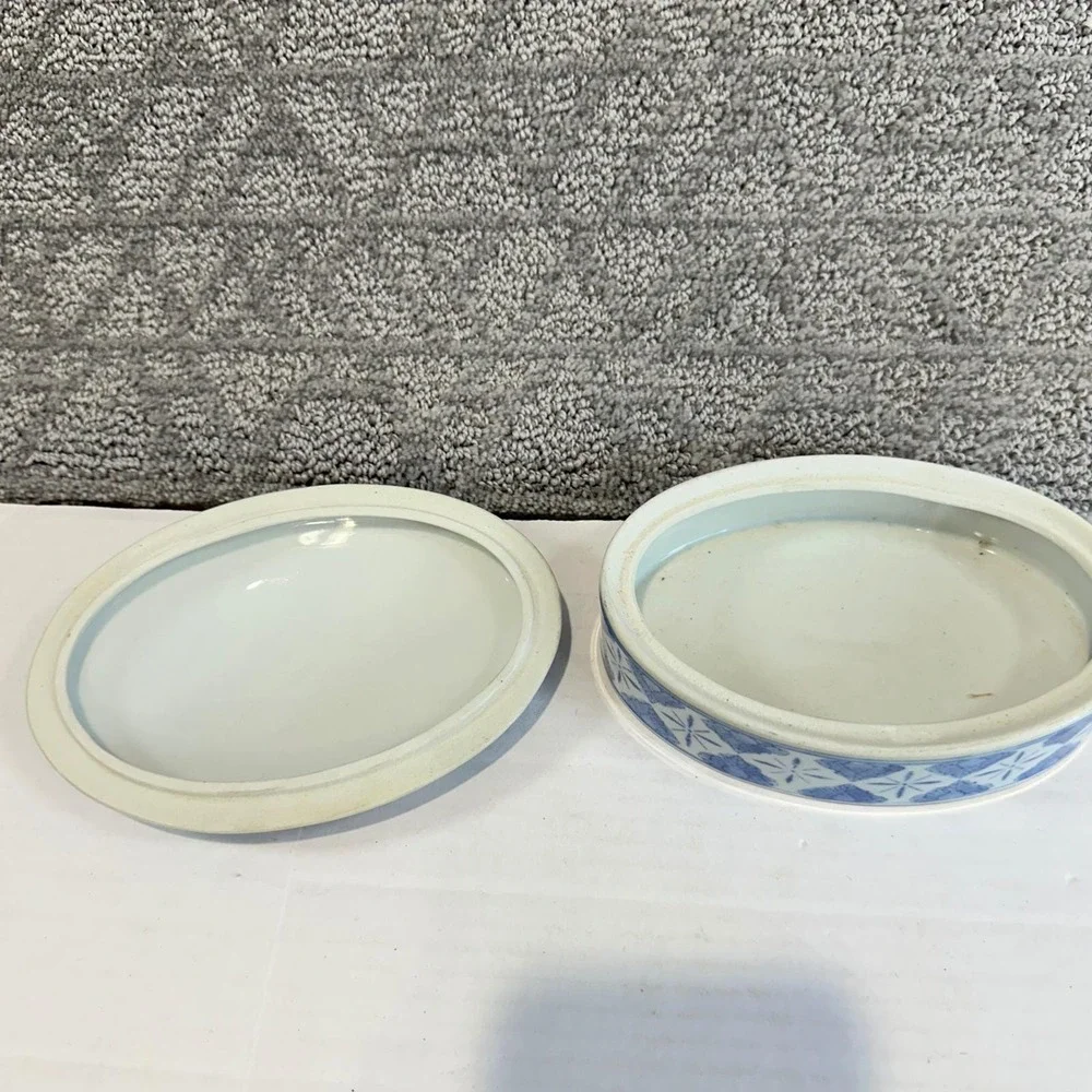 Vintage Blue White Oriental Landscape‎ Decorative Trinket Box Oval Lid
